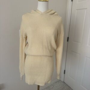 Cream Ribbed Knit Hoodie Sweater Dress